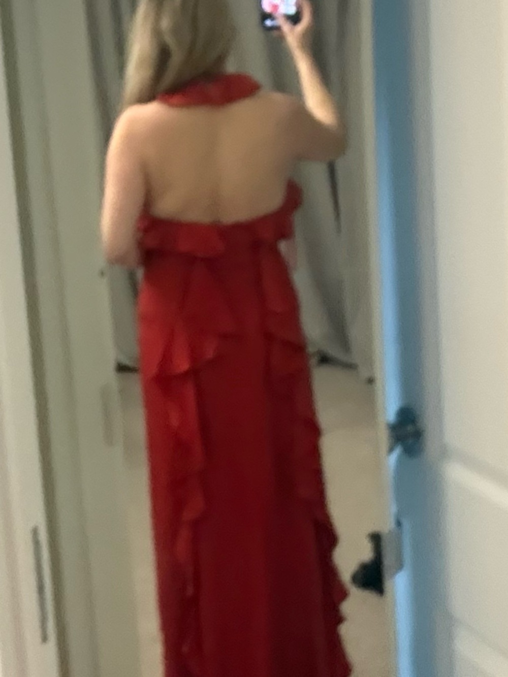 Red Ruffle Halter Evening Dress - Picture 5 of 5